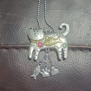 Silver Cat Pendant Necklace with Gold and Pink Accents